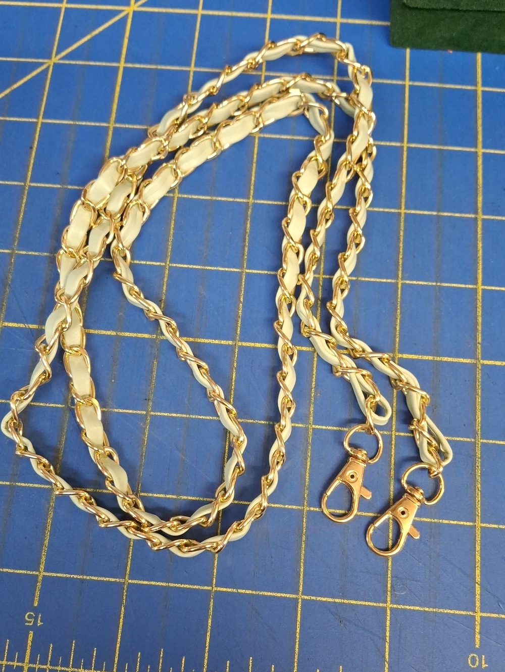 Gold Tone & Blue Mint Pleather 45" Gold Clasps New